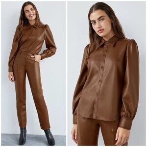 NWT Aritzia Wilfred Mila Vegan Leather Puff Sleeve Button Down Shirt Small
